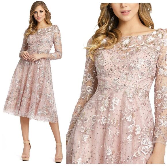Mac Duggal Dresses & Skirts - Mac Duggal NEW Long Sleeve Floral Embroidered Tea Length Dress in‎ Rose Size 10